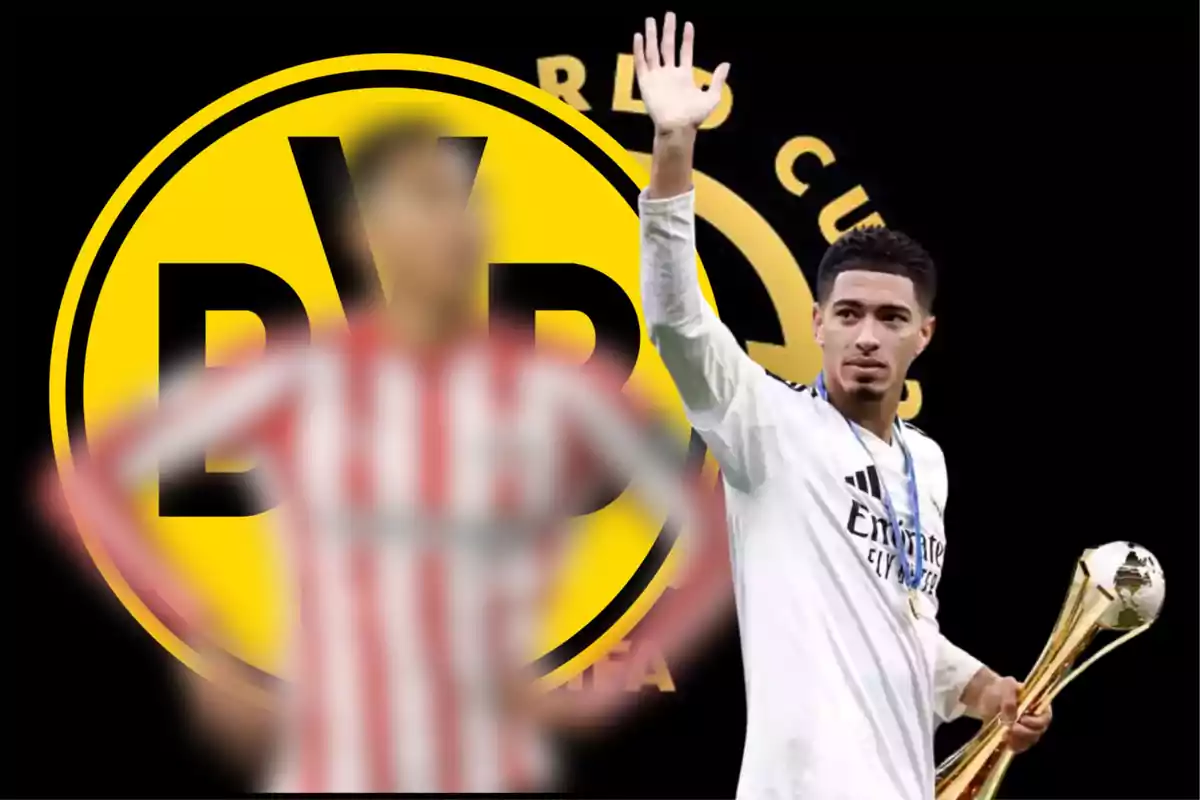 Soccer player in a white uniform holding a trophy and waving, in front of the yellow Borussia Dortmund logo and next to a blurred figure wearing a red and white striped jersey