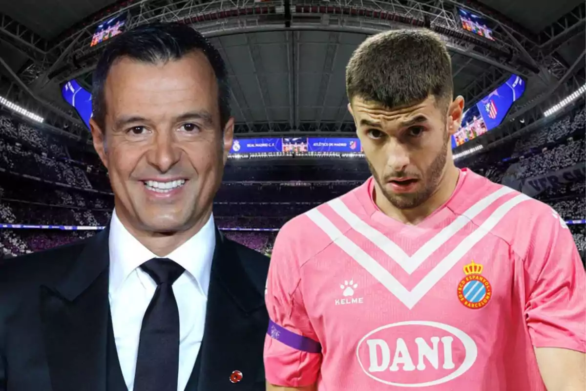 Two people in a soccer stadium, one dressed in a suit and the other in a pink Espanyol uniform.