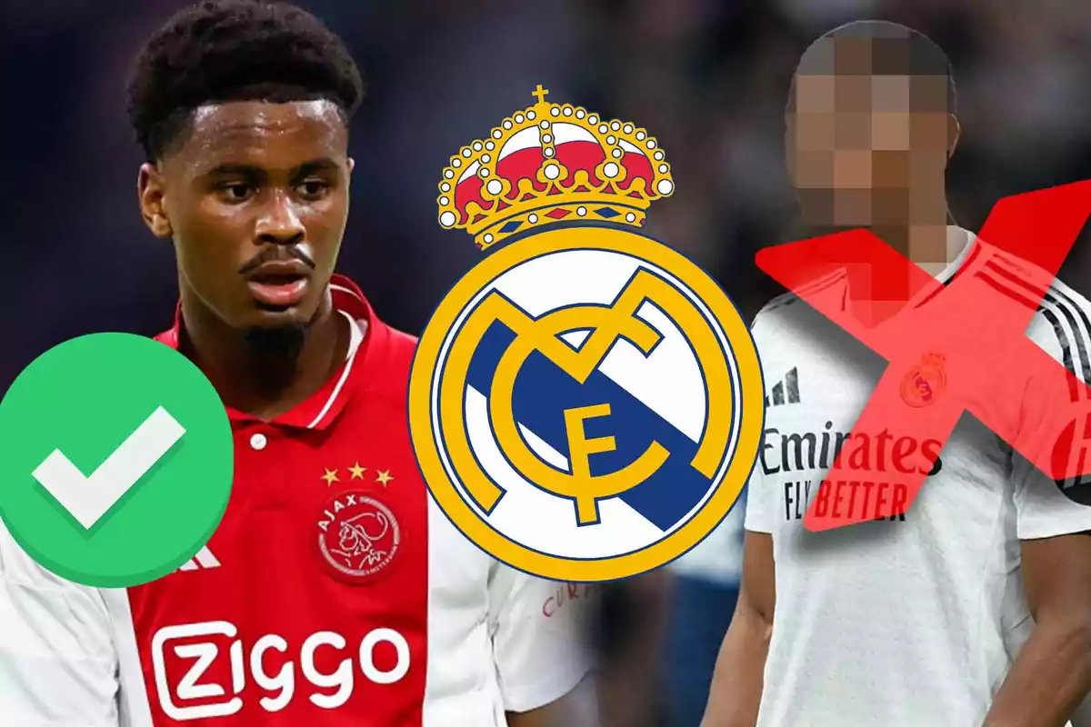 An Ajax player with a green check mark to the left and a pixelated Real Madrid player with a red X to the right, with the Real Madrid crest in the center.