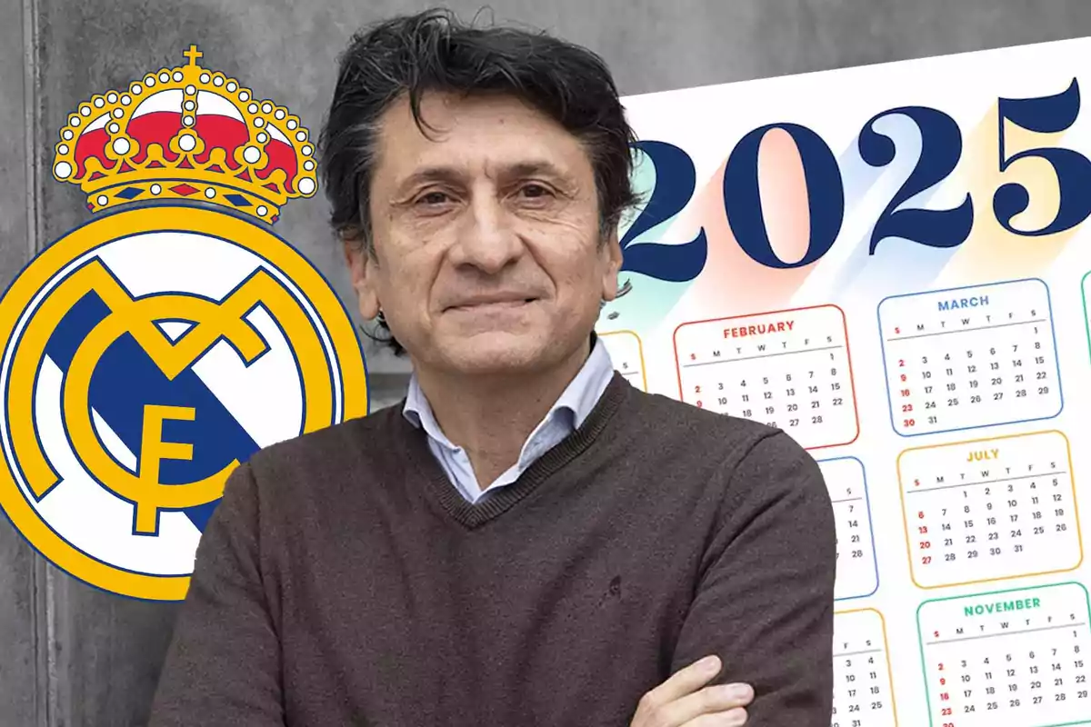 A man with dark hair and a brown sweater is standing in front of a Real Madrid logo and a 2025 calendar.