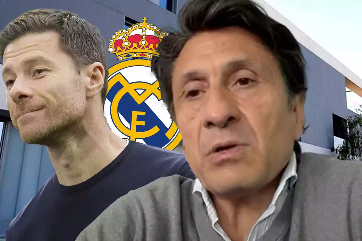 Two men in the foreground with the Real Madrid crest in the background.