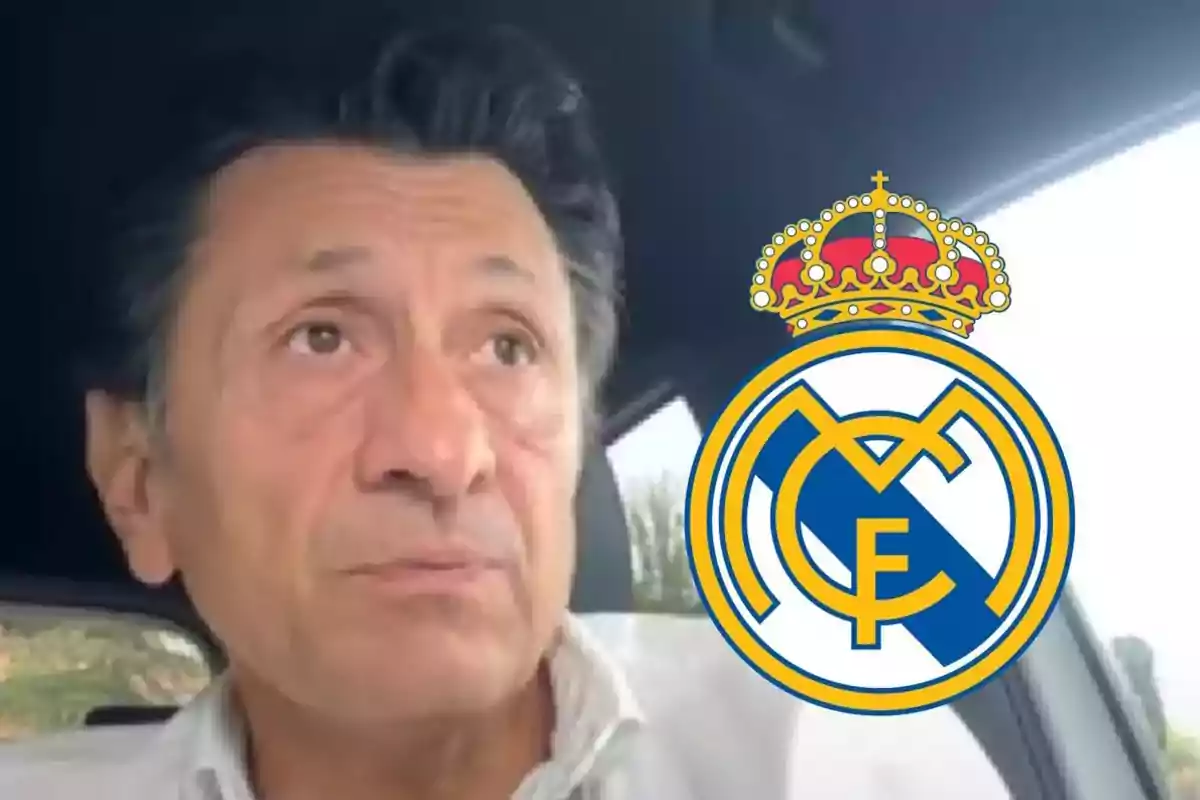 Hombre en un coche con el logo del Real Madrid superpuesto.