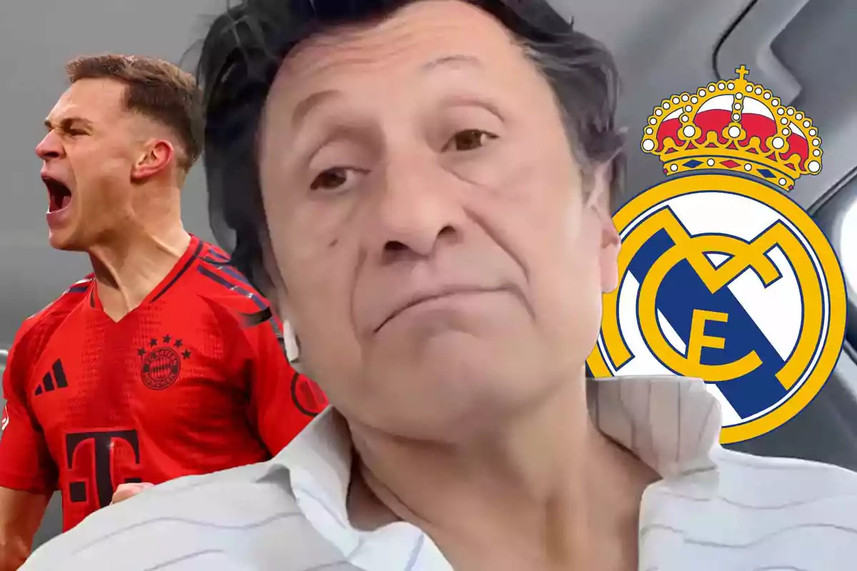 Un hombre con expresión seria en primer plano, un jugador de fútbol del Bayern Múnich gritando al fondo y el escudo del Real Madrid.