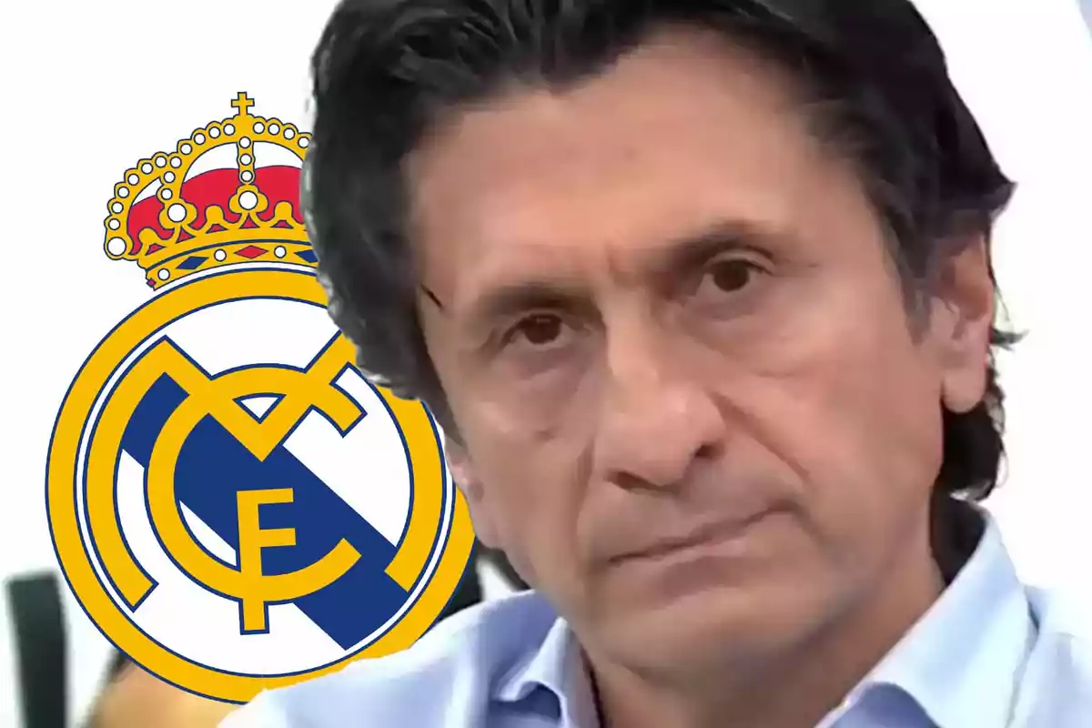 A man with a serious expression in front of the Real Madrid logo.