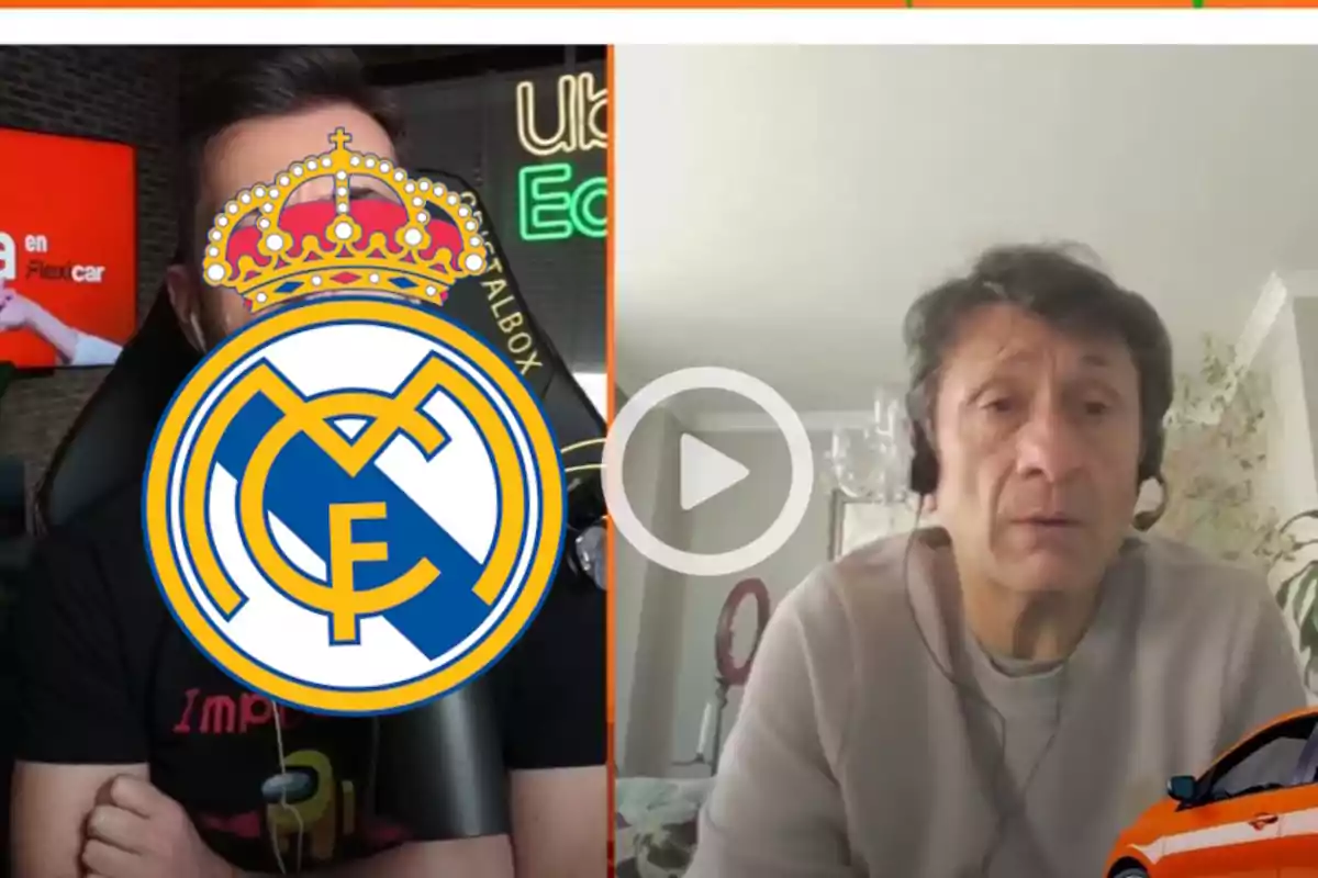 Two people on a video call, one with their face covered by the Real Madrid logo, while the other is wearing headphones and appears in a home setting.