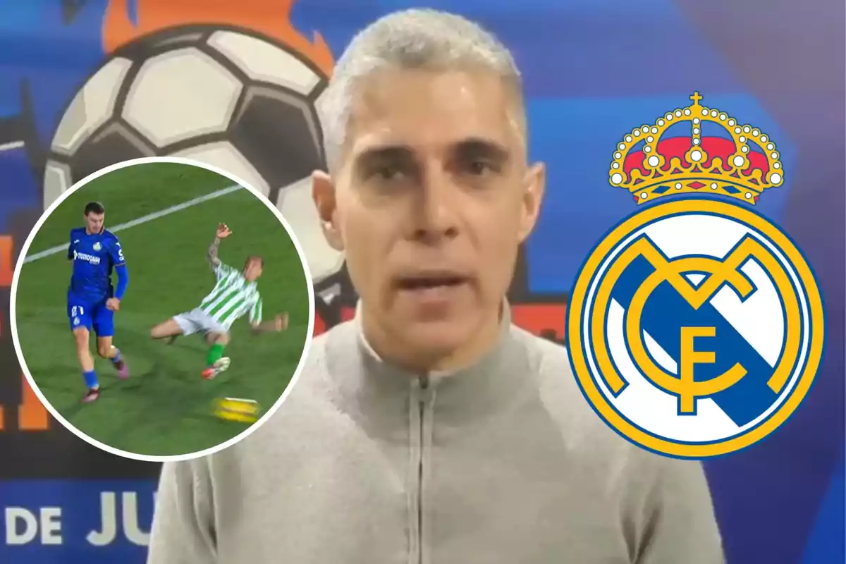 A gray-haired man speaks in front of a background with a soccer ball and the Real Madrid crest while a circular image of a soccer match is displayed.