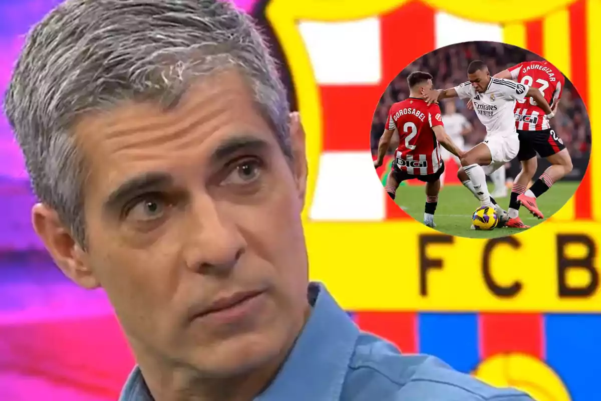 Gray-haired man in the foreground with a background of the FCB crest and a superimposed image of a soccer match.