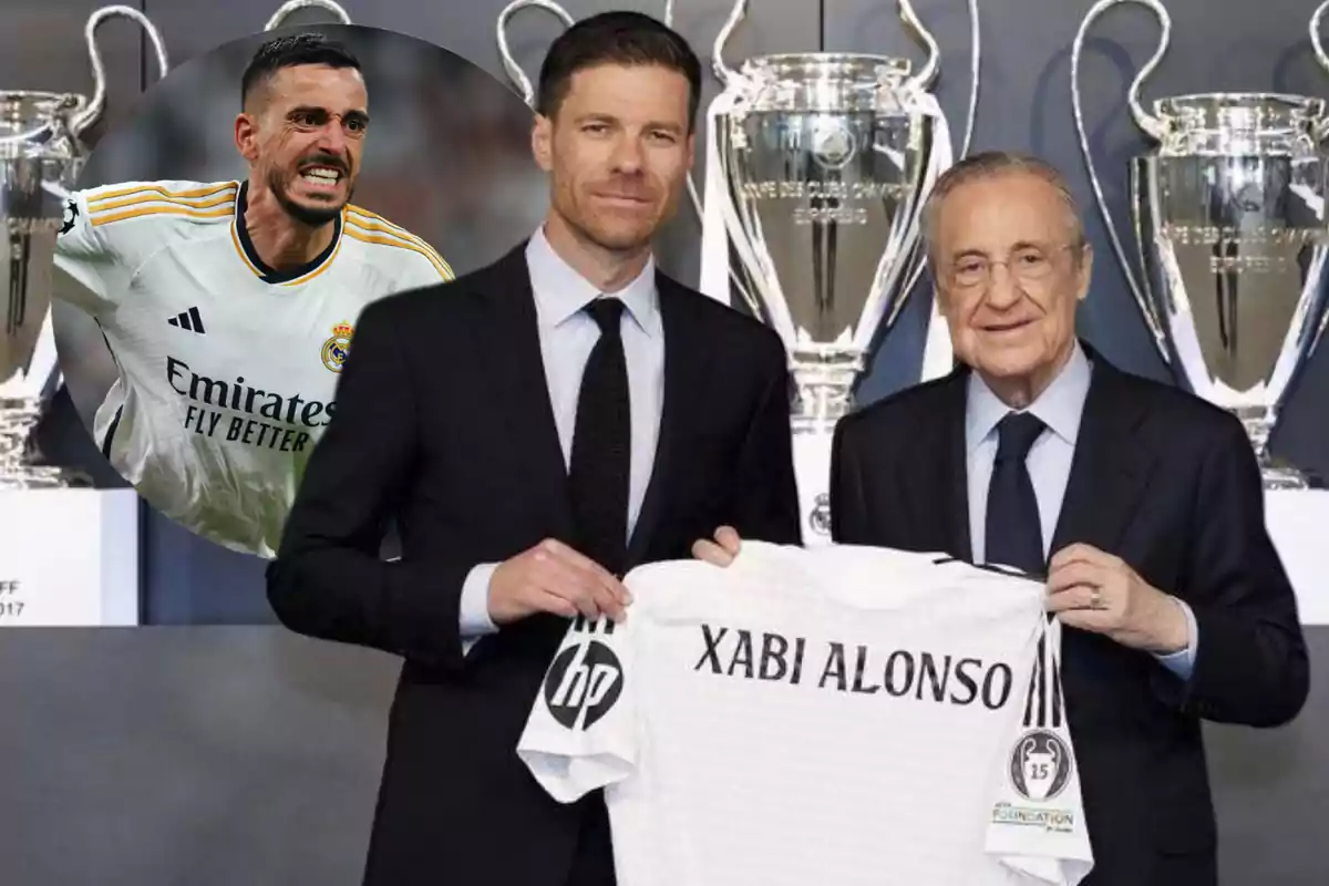 Dos hombres de traje sostienen una camiseta blanca con el nombre Xabi Alonso frente a varios trofeos plateados mientras en la esquina superior izquierda aparece la imagen de un futbolista celebrando con la camiseta del Real Madrid