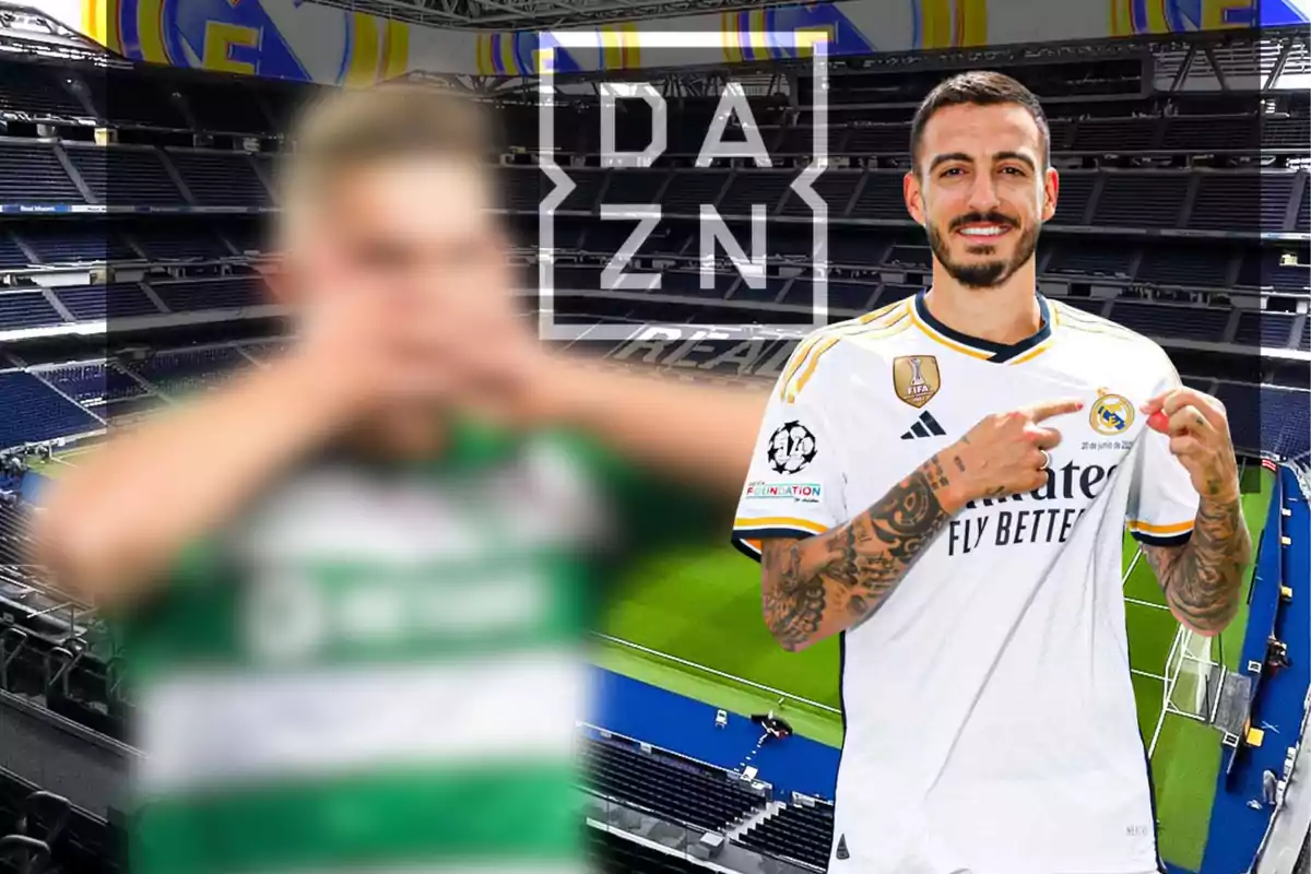 Un jugador de fútbol con la camiseta del Real Madrid sonríe y señala el escudo del equipo mientras está de pie en un estadio con el logo de DAZN en el fondo.
