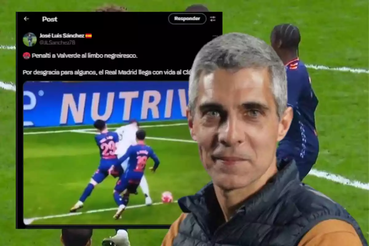 A man with gray hair appears in the foreground, while in the background there is a screenshot of a tweet about a soccer match, with players in action on the field.