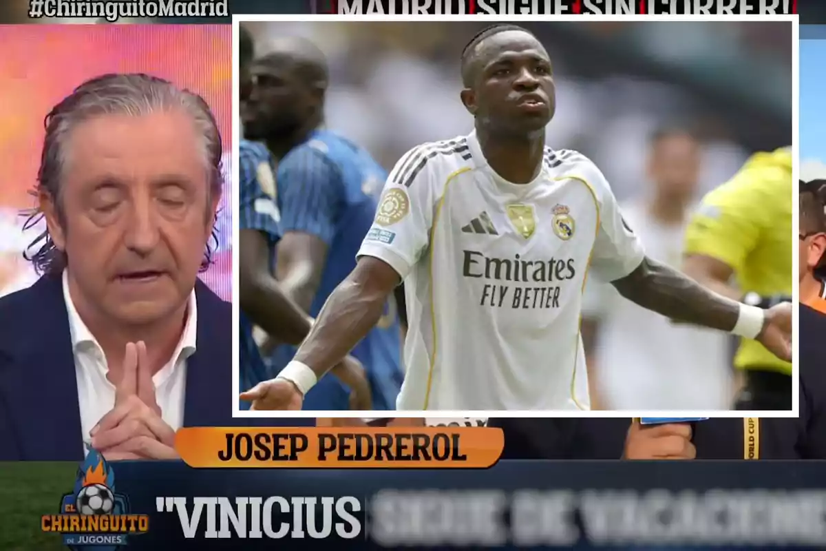 Josep Pedrerol appears on a sports show with an image of a Real Madrid football player on the screen and the name Vinicius highlighted in the lower graphic.