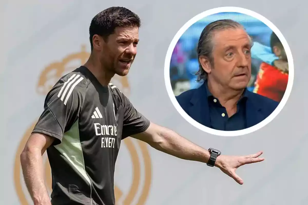 Entrenador de fútbol dando indicaciones en el campo con la imagen de un hombre mayor en un círculo al fondo