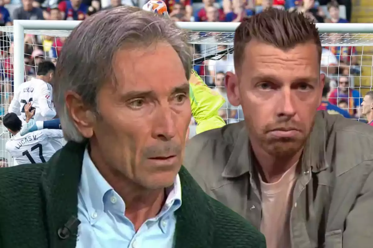 Two men in the foreground with a soccer scene in the background.
