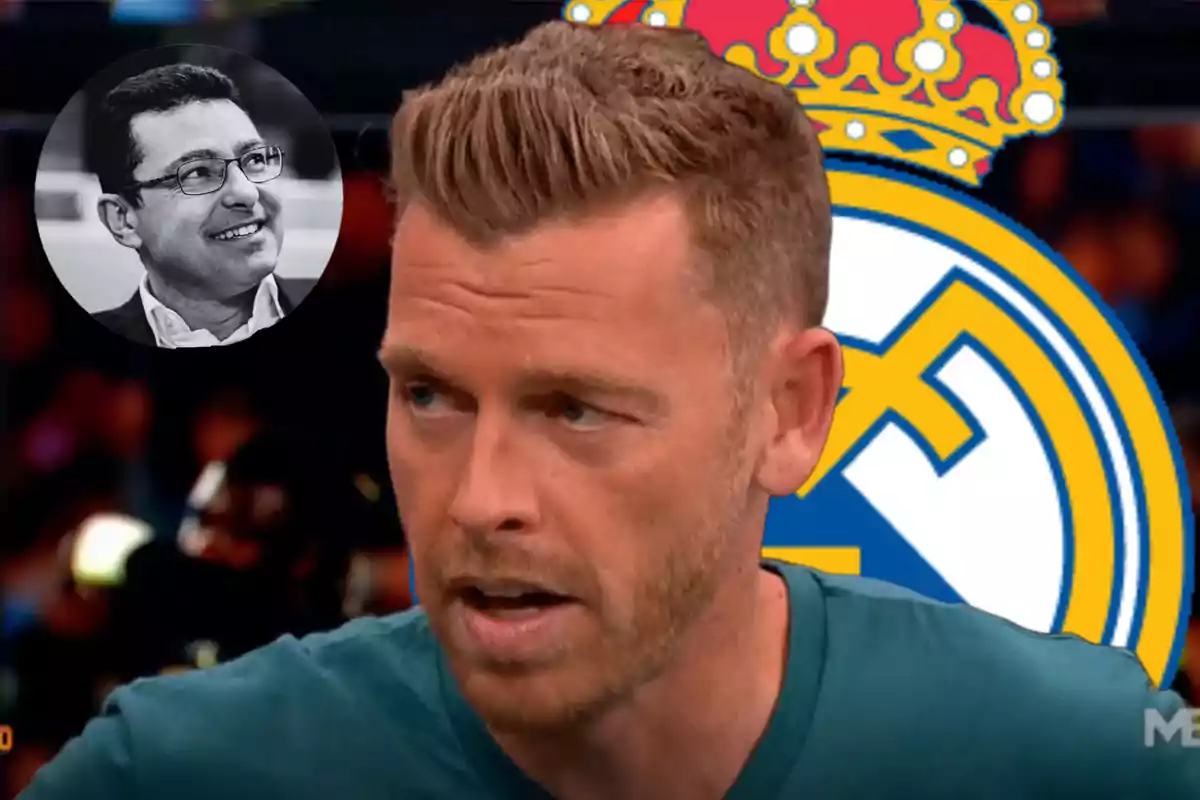 A man with a beard and short hair is speaking in front of a background with the Real Madrid crest, while in the upper left corner there is a black and white image of another man smiling.