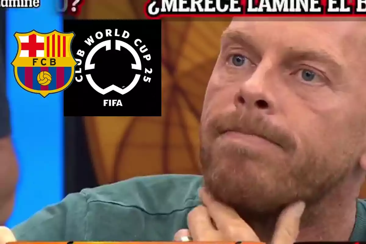 Man with a serious expression and a thoughtful gesture, next to the FC Barcelona and FIFA Club World Cup 2025 logos, with text at the top.