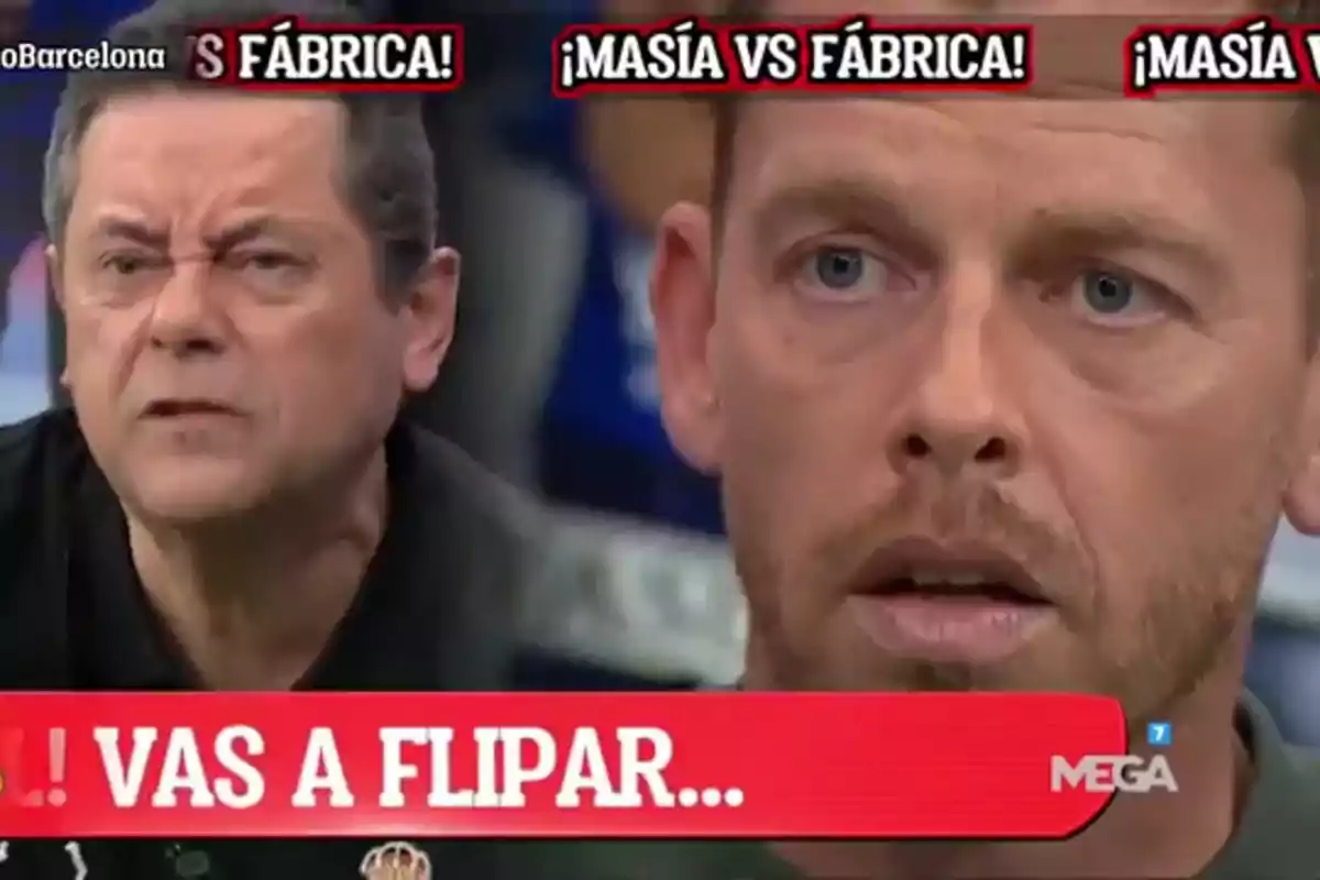 Dos hombres en un programa de televisión con expresiones serias y un texto en pantalla que dice "¡VAS A FLIPAR!"