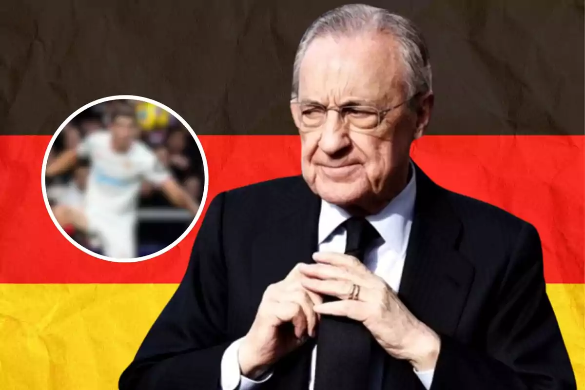 Un hombre mayor con traje oscuro y corbata aparece frente a un fondo con los colores de la bandera de Alemania y un círculo con una imagen borrosa de un jugador de fútbol.