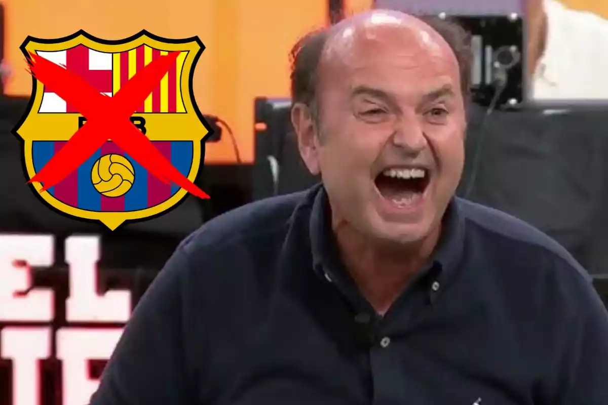 Laughing man with a Barcelona shield crossed out next to him.