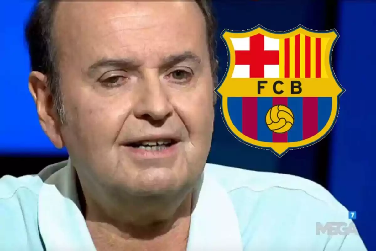 A man speaking on a television program with the FC Barcelona crest in the background.