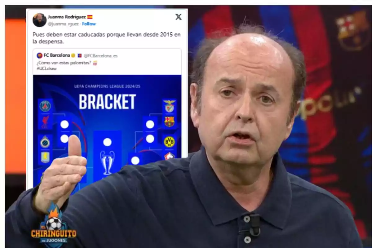 Un hombre en un programa de televisión con un gráfico de la UEFA Champions League 2024/25 en el fondo y un tuit en pantalla que hace referencia a un comentario sobre palomitas.