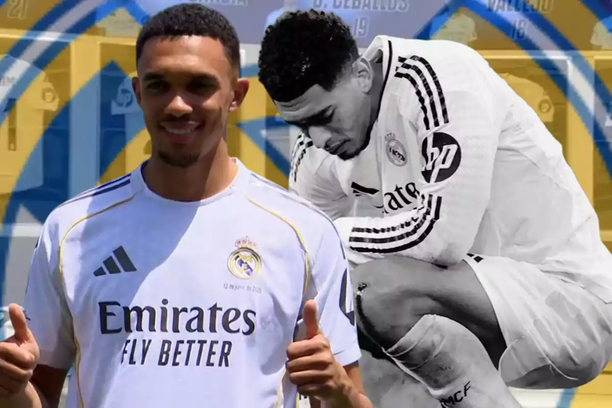 A player wearing a Real Madrid jersey smiles and gives a thumbs up while, in the background, a black-and-white image of himself crouching with a thoughtful expression appears, all set against a backdrop featuring the club's crest.