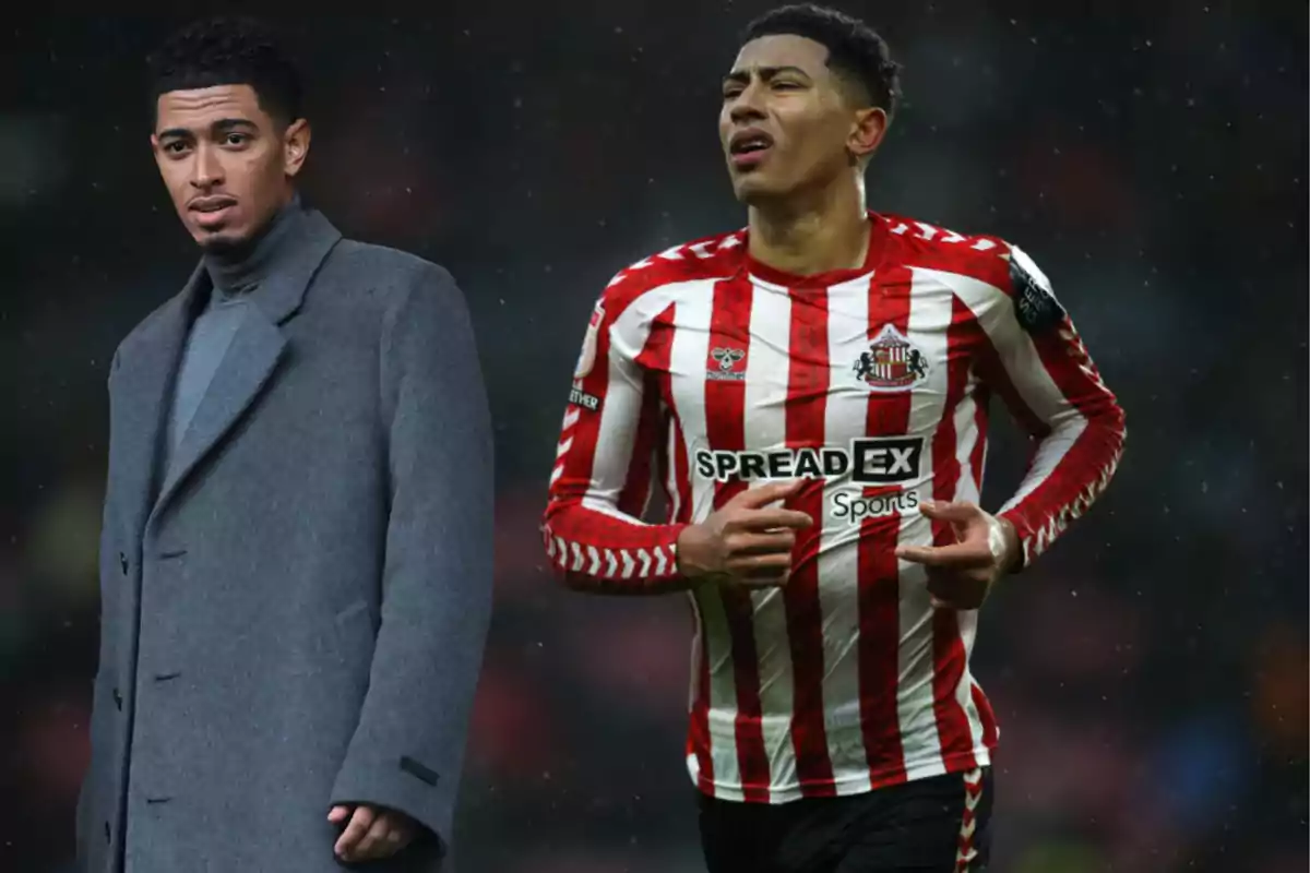 A man in a grey coat next to a soccer player in a red and white striped uniform.