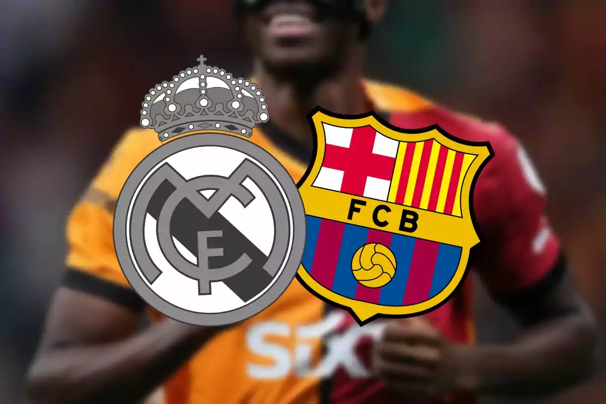 Real Madrid and Barcelona team crests over the blurred background of a player