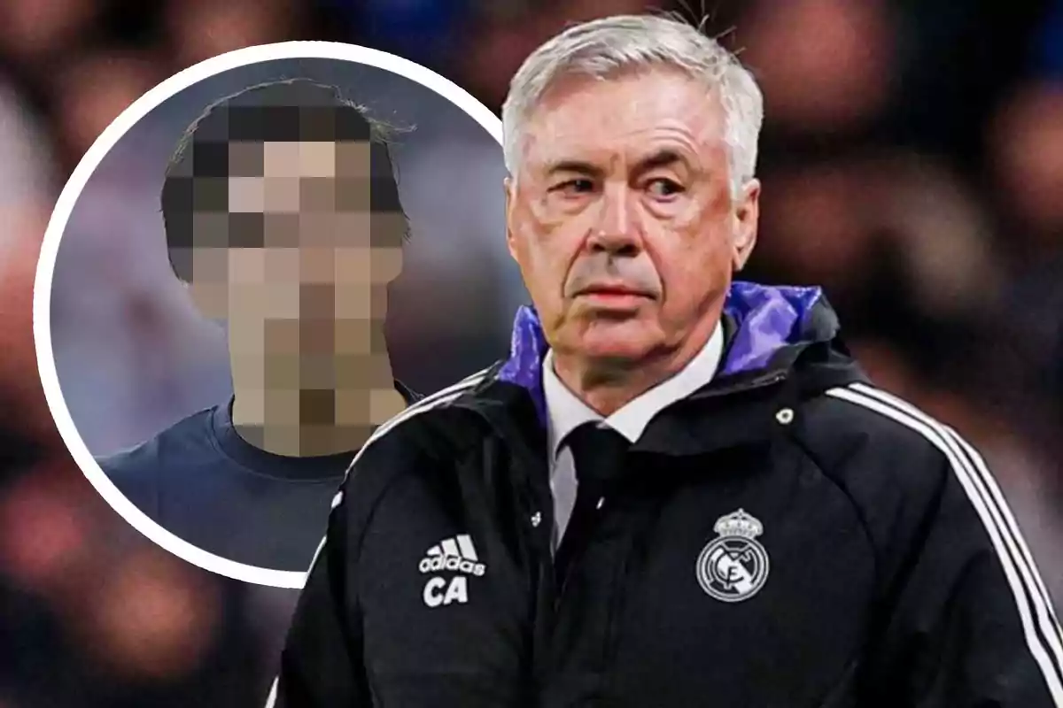 Un hombre con chaqueta deportiva del Real Madrid y un rostro pixelado en un círculo detrás.