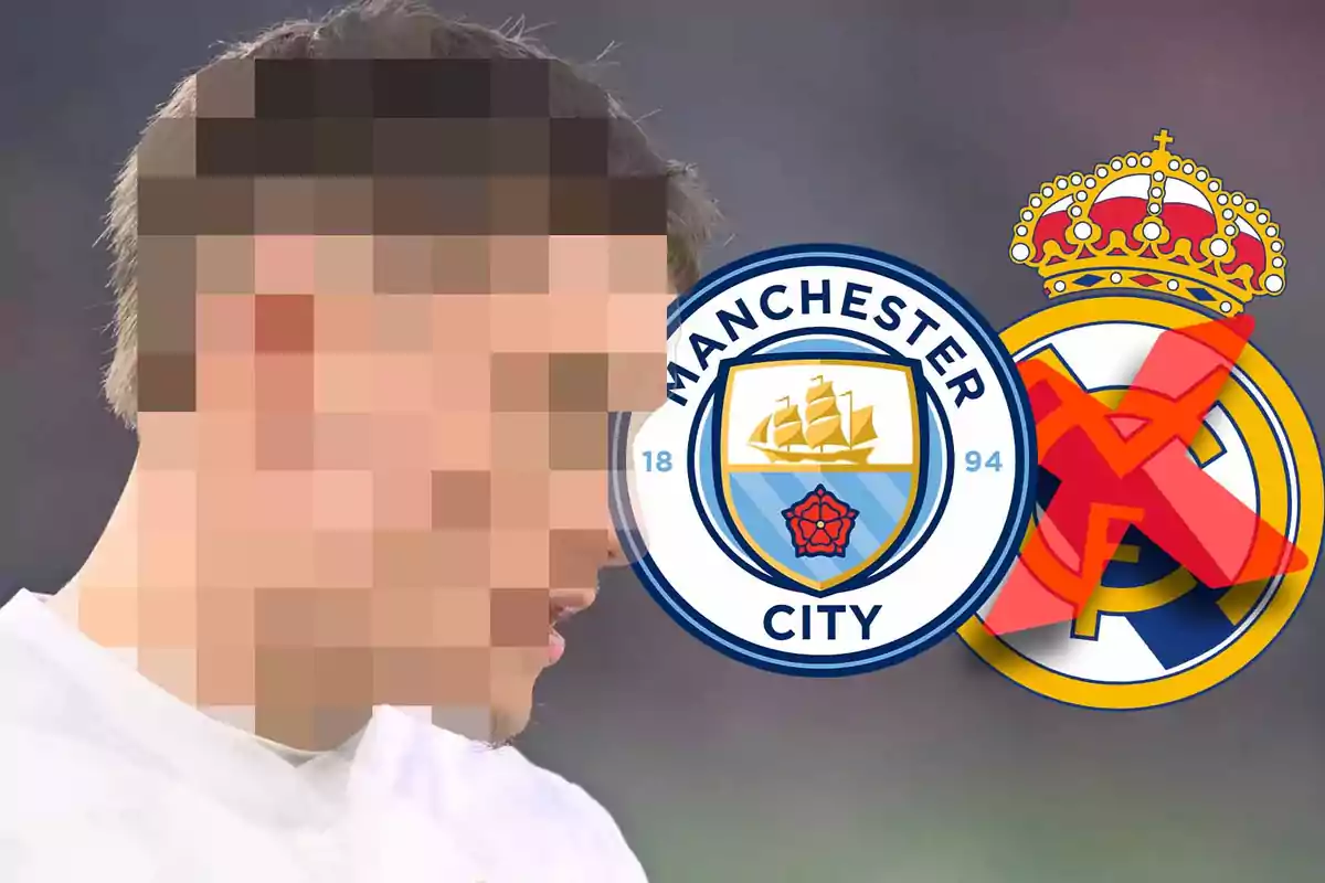 Un rostro pixelado junto a los escudos del Manchester City y el Real Madrid, con una cruz roja sobre el escudo del Real Madrid.