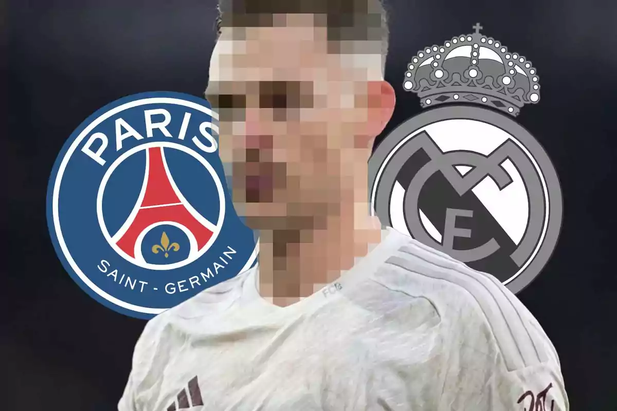 Un jugador de fútbol pixelado con los logos del Paris Saint-Germain y el Real Madrid en el fondo.