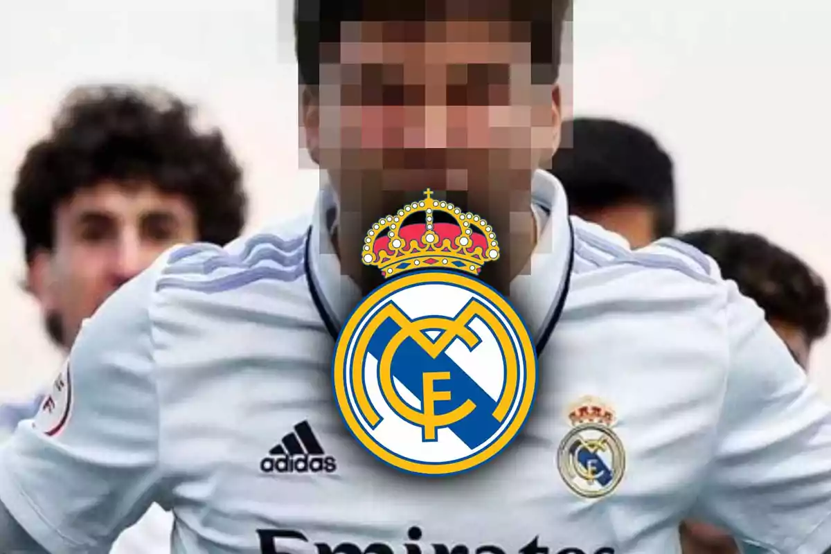 A soccer player with a pixelated face wears a Real Madrid jersey and the team's crest is superimposed in the center of the image.