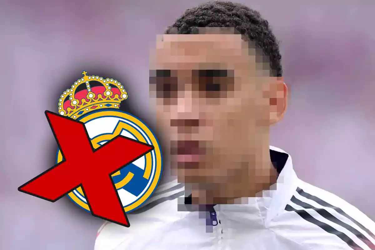 Football player with a pixelated face and a Real Madrid crest crossed out in red.