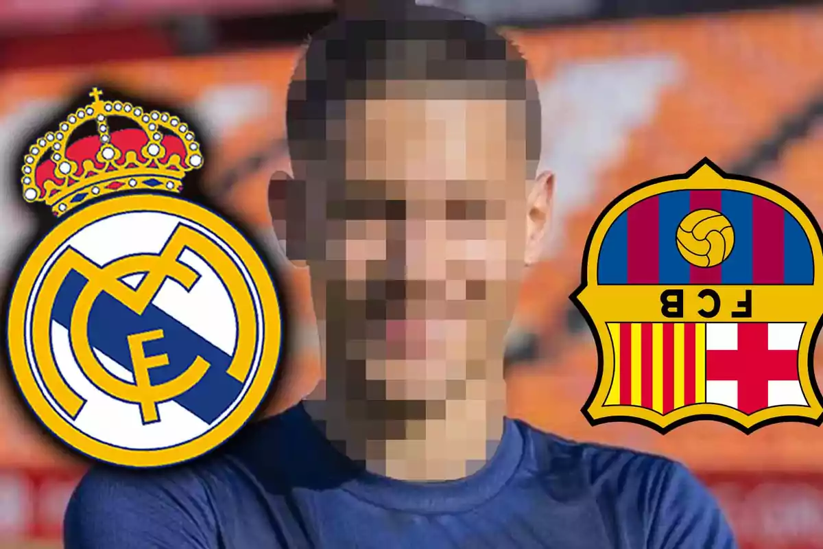 A person with a pixelated face between the Real Madrid and FC Barcelona shields.