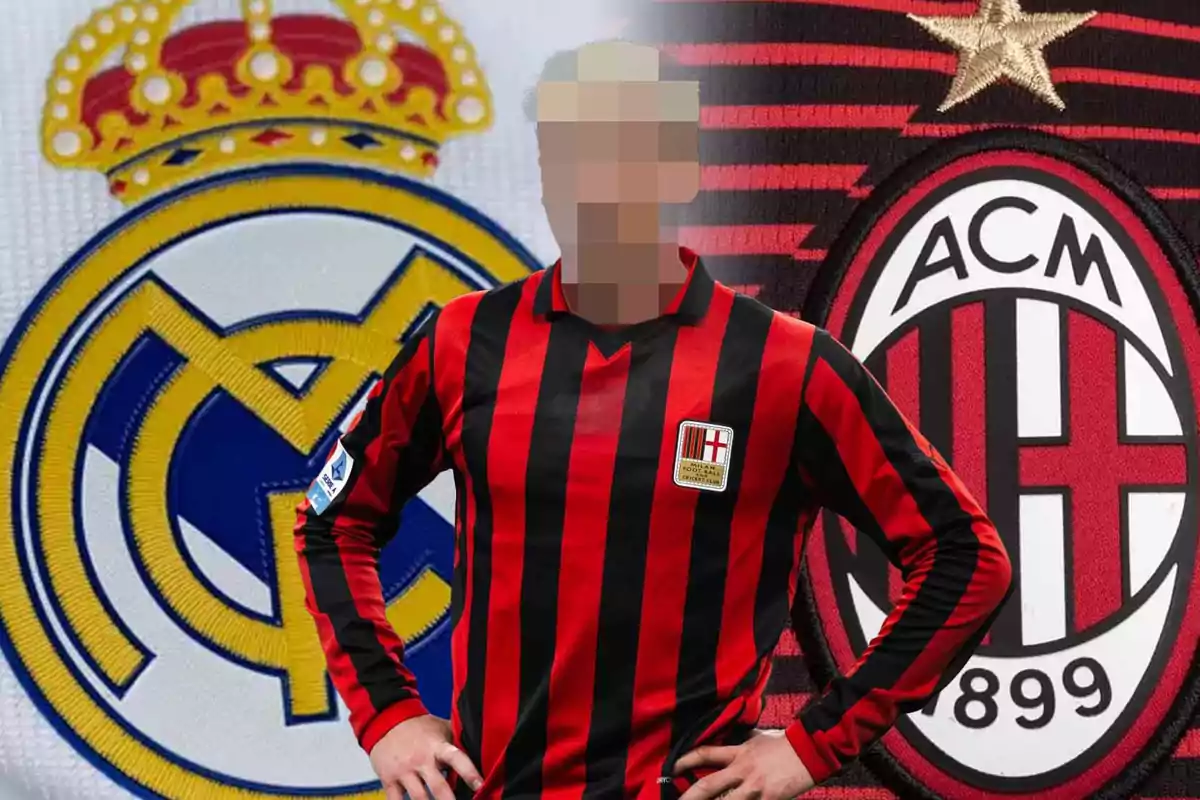 Un jugador con camiseta a rayas rojas y negras está frente a los escudos del Real Madrid y AC Milan.