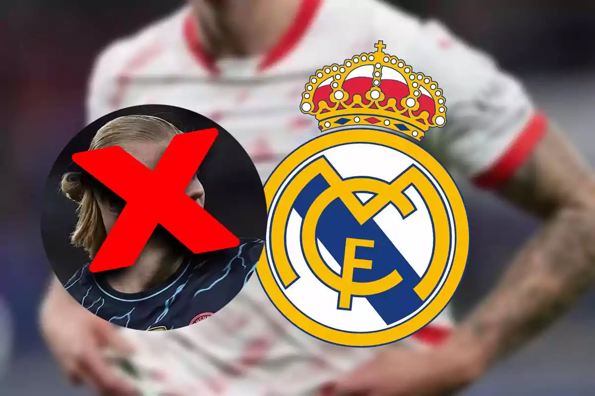 A football player with a large red X over his face next to the Real Madrid crest.