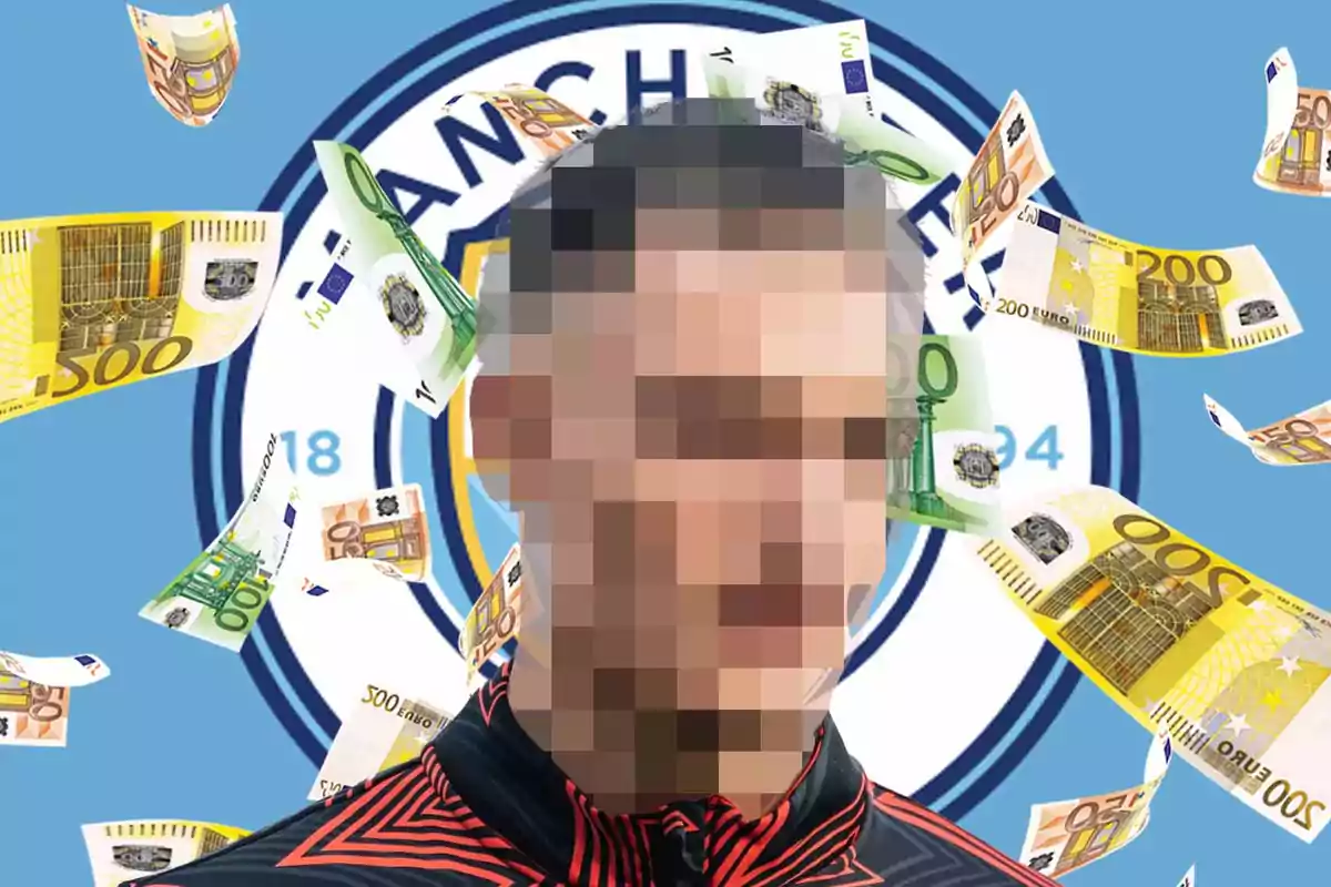 A person with a pixelated face in front of a soccer team logo, surrounded by floating euro bills.