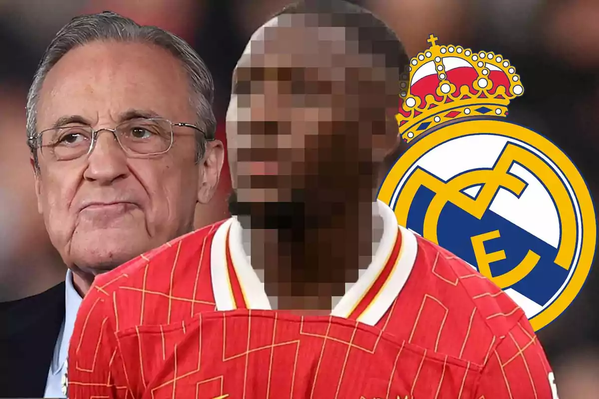 Un hombre mayor con gafas junto a una figura pixelada con una camiseta roja y el escudo del Real Madrid al fondo.