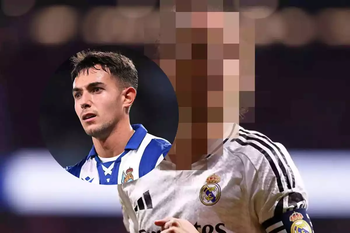 Jugador de fútbol con camiseta de la Real Sociedad en un círculo superpuesto a una imagen pixelada de un jugador del Real Madrid.