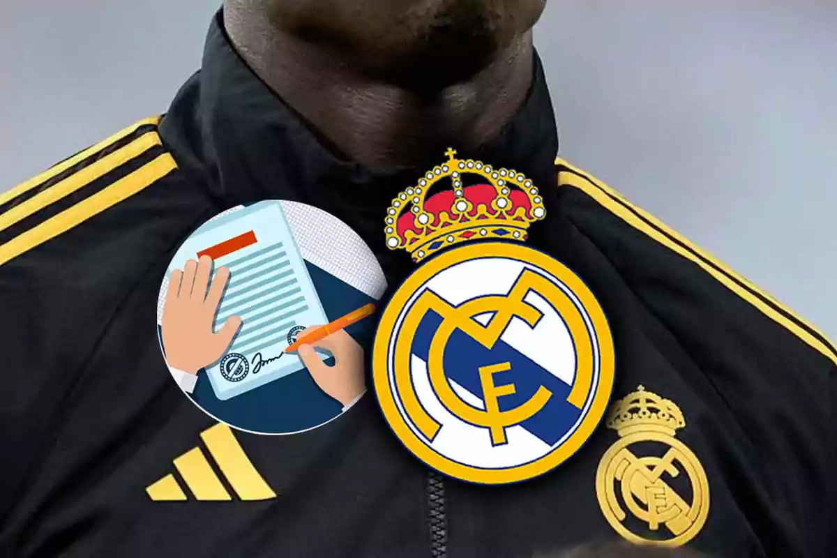 A black sports jacket with yellow details and the Real Madrid crest, along with a graphic of a hand transfer a document.