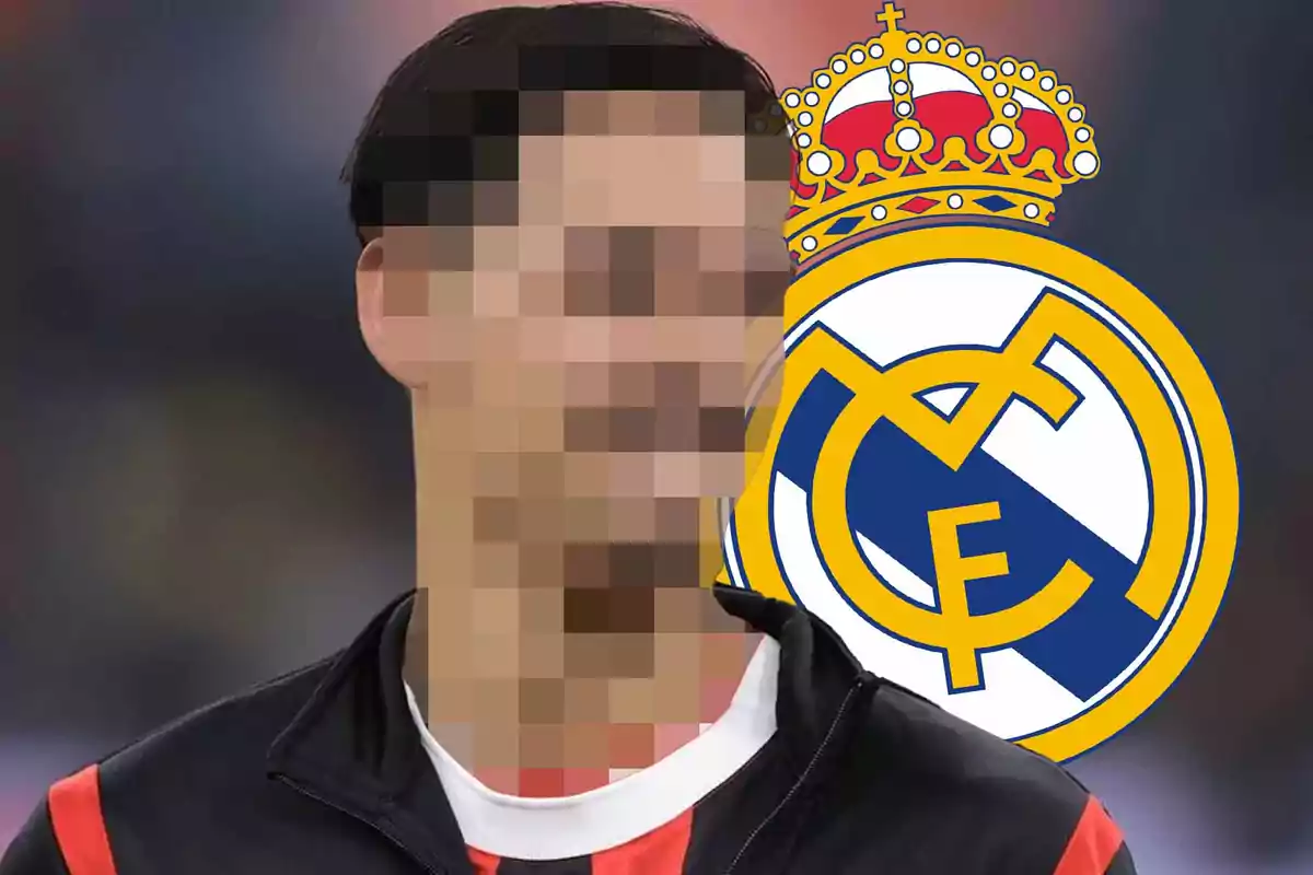 A person with a pixelated face in front of the Real Madrid crest.