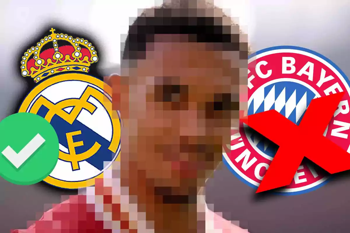 Image of a pixelated player with the Real Madrid logo and a thumbs up symbol on the left and the Bayern Munich logo with a thumbs down symbol on the right.