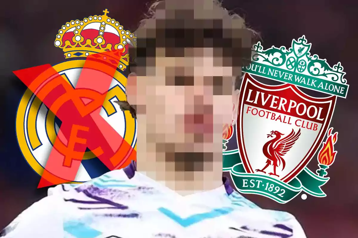 Player with a pixelated face in front of the crossed-out Real Madrid crest and the Liverpool crest