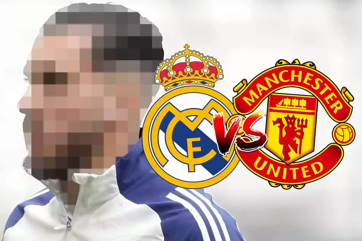 Un hombre con el rostro pixelado lleva una chaqueta deportiva, junto a los escudos de los equipos de fútbol Real Madrid y Manchester United con la palabra "VS" en el centro.