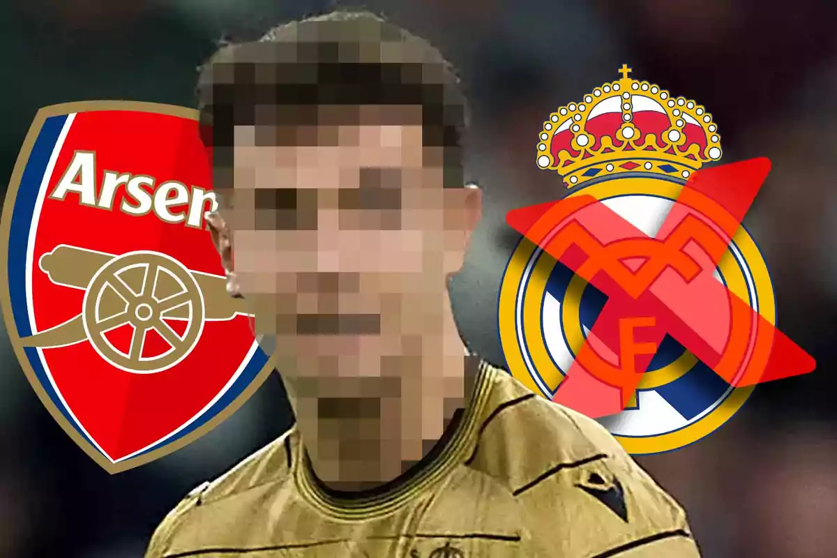 Un jugador de fútbol pixelado con el logo del Arsenal a la izquierda y el logo del Real Madrid tachado a la derecha.