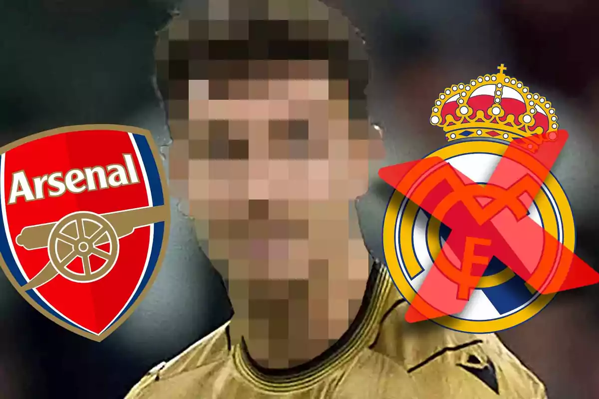 Un jugador pixelado con el logo del Arsenal a la izquierda y el logo del Real Madrid tachado a la derecha.