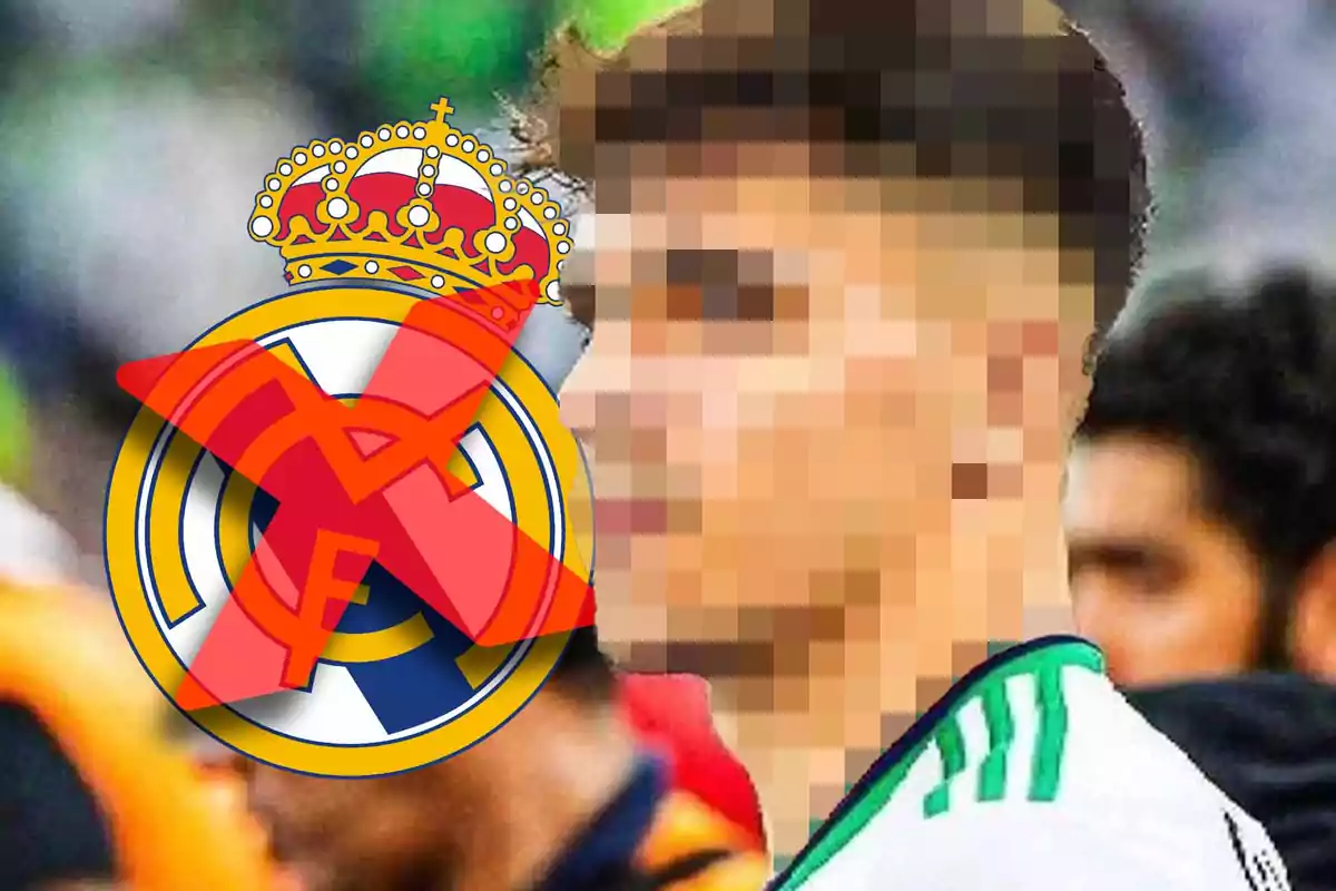 Escudo del Real Madrid tachado en rojo frente a una persona pixelada con uniforme deportivo