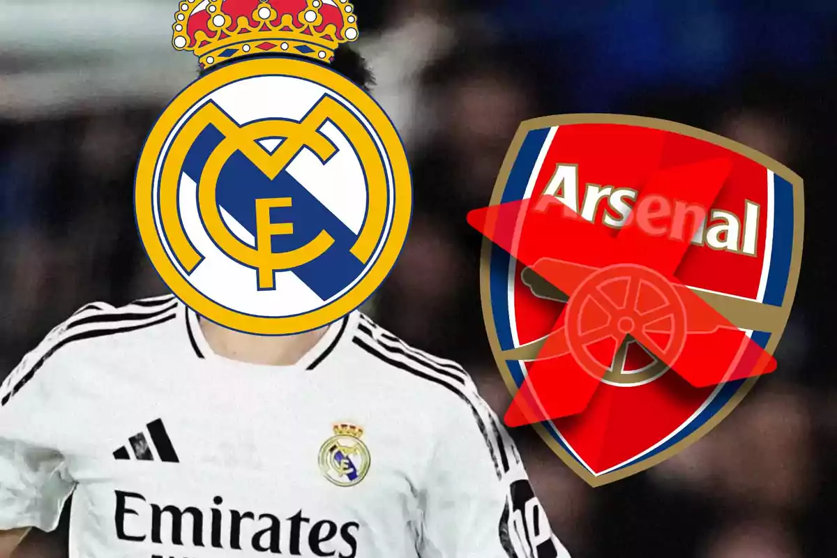 A player with the Real Madrid logo on his face and the Arsenal crest overlaid.