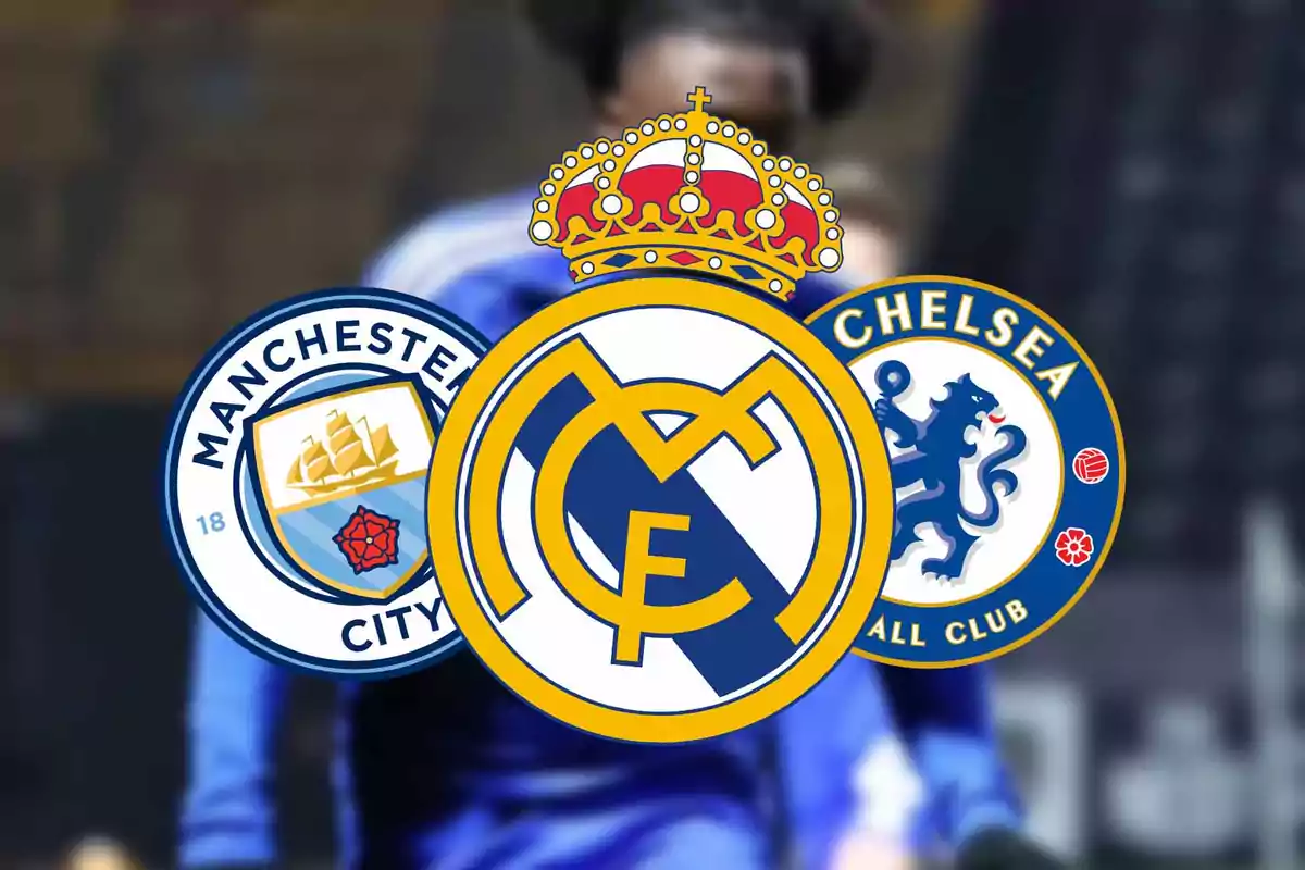 Logos of the football teams Manchester City, Real Madrid, and Chelsea overlapped