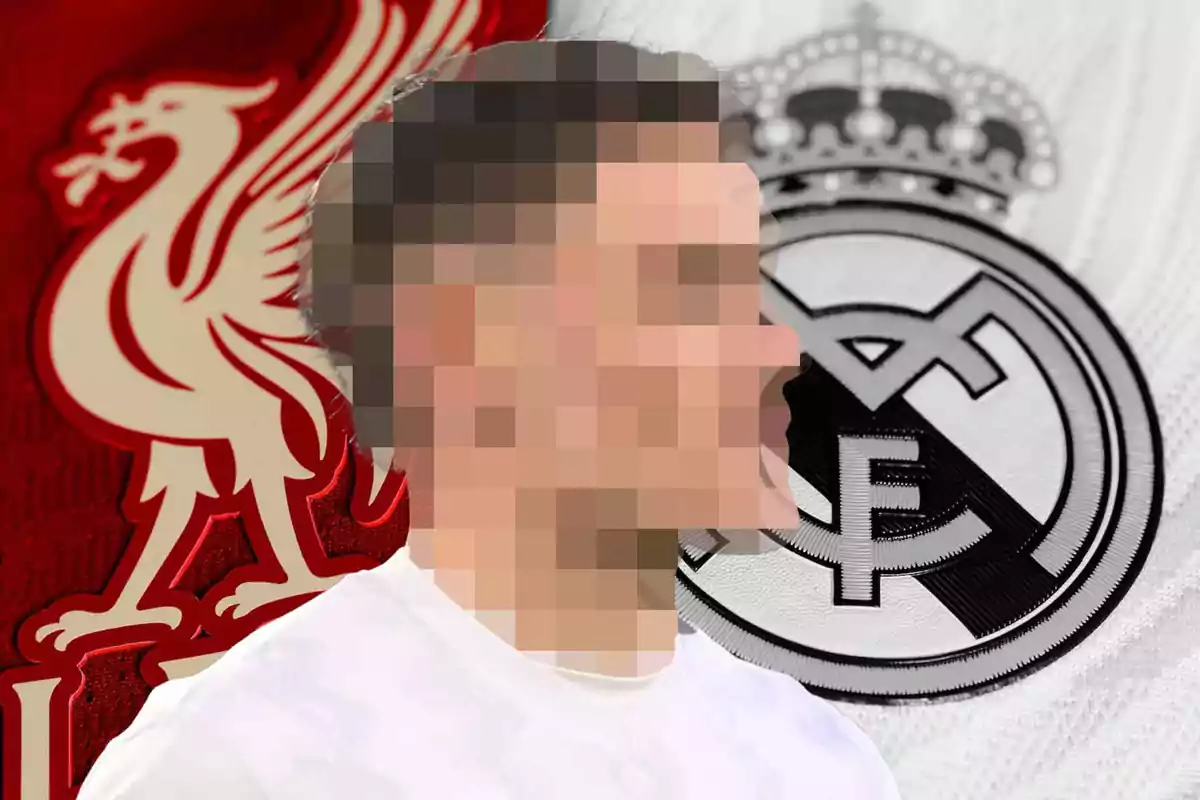 A person with a pixelated face is in front of the logos of two soccer teams, one red with a bird and the other white with a circular shield.