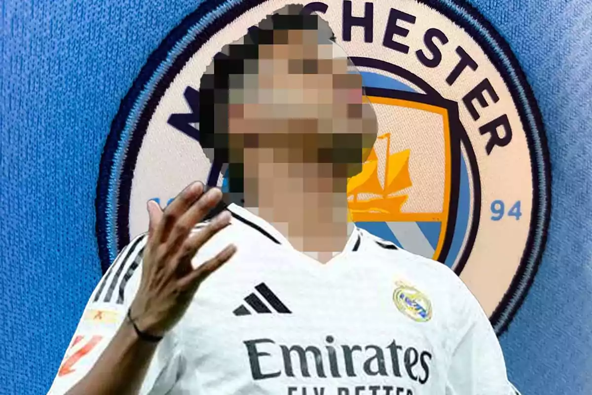 A player with a pixelated face wears a white jersey in front of a Manchester City crest.